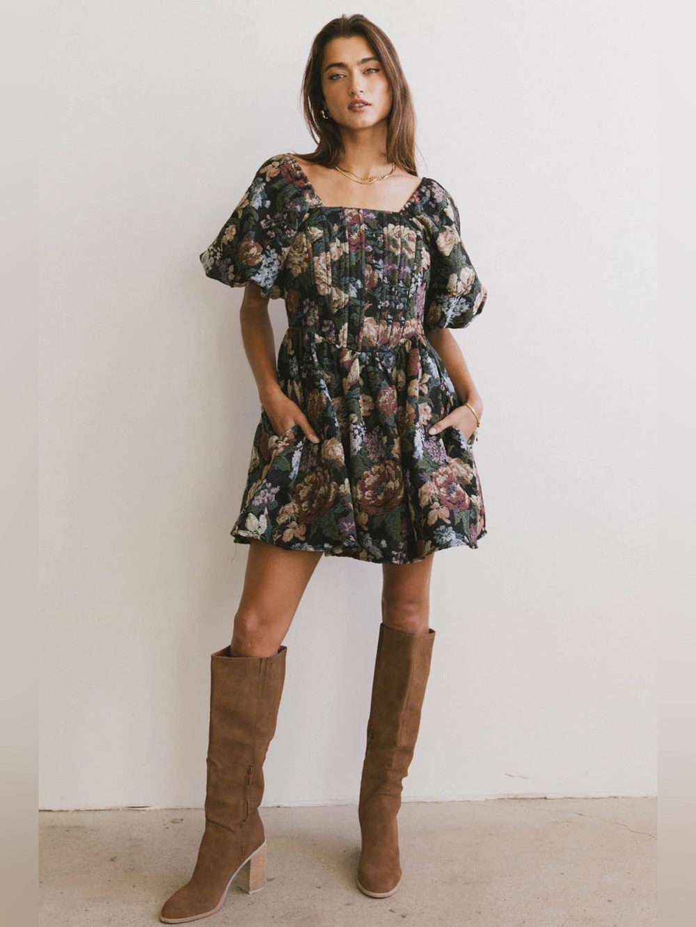 Böhme Floral Tapestry Puff Sleeve Mini Dress Cottagecore Romantic Medium Black